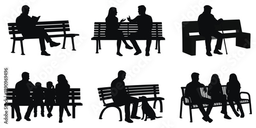 Silhouettes of people and a dog on park benches in various poses Keywords: silhouette, people, park bench, sitting, man, woman