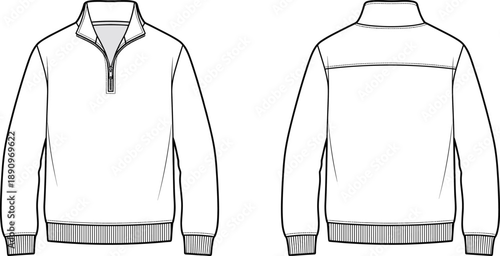 Φωτογραφία White Line Drawing of a Quarter Zip Pullover Jacket Front and Back zipper front