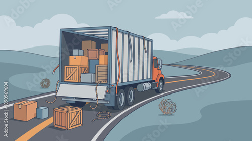 Delivery Truck Unloading Cargo on Scenic Road - Logistics Illustration in Calm Landscape