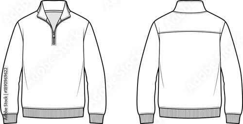 Photos White Line Drawing of a Quarter Zip Pullover Jacket Front and Back zipper front