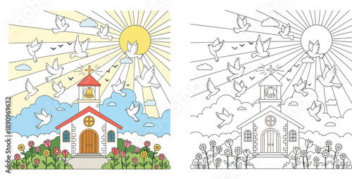Church building with flying doves and garden flowers under sun rays coloring book page and colored vector illustration for religion or Easter themes