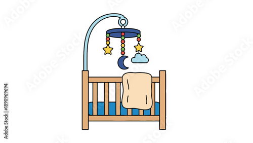A cartoon baby crib with a mobile and blanket inside