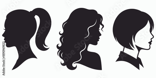 Three Black Silhouette Profiles of Women with Different Hairstyles illustration