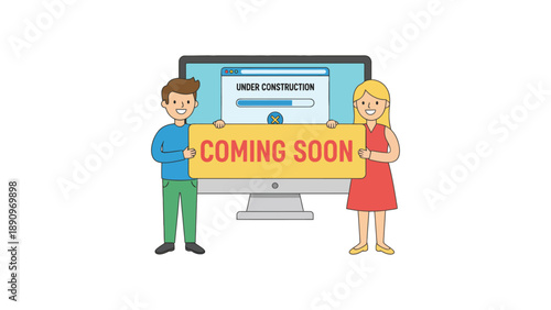 A cartoon man and woman holding a coming soon sign in front of a computer monitor