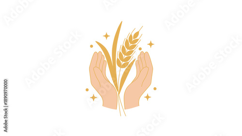 A minimalist vector graphic of hands holding wheat with sparkles