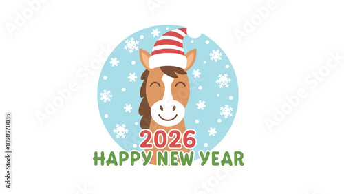A festive cartoon horse wearing a party hat for the 2026 New Year