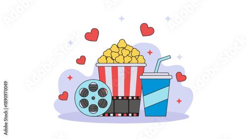 A colorful vector illustration of popcorn and movie night snacks