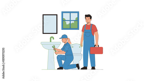 Two plumbers working together in a modern bathroom setting