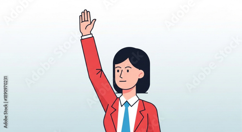 Businesswoman in red blazer waving hand up in greeting or acknowledgement with smile