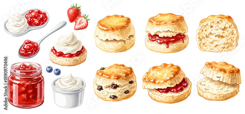 スコーンとクロテッドクリームといちごジャムのイラストセット
