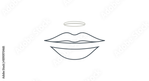 Minimalist line art illustration of a mouth with lips and a halo on a white background symbolizing innocence and purity in a simple design