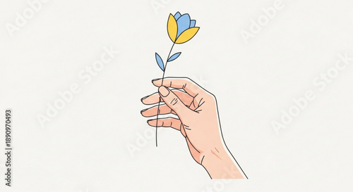 Human hand gently holding a delicate blue and yellow flower with green stem and leaves on white background