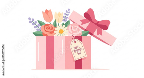 Pink gift box with colorful flowers and bow thank you message tag for appreciation and celebration