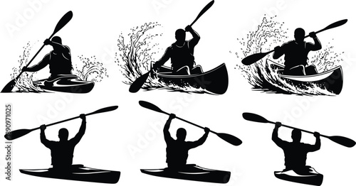 Kayaking silhouette action set showing paddlers canoeing through splashing water adventure sport scenes outdoor recreation black vector illustration