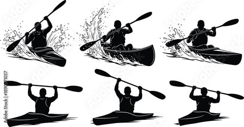 Kayaking silhouette illustration set showing canoe paddlers splashing through water extreme adventure sport scenes outdoor recreation black vector