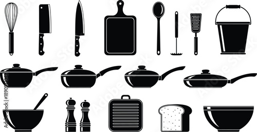 Kitchen utensil and cookware silhouette icon collection with knives, pans, tools and accessories, minimalist black and white vector illustration set