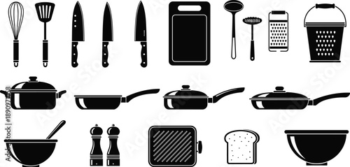 Kitchen utensil and cookware silhouette icon set featuring knives, pans, tools and accessories, minimalist black and white vector illustration