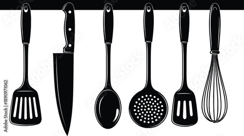 Kitchen utensils silhouette set with knife spoon ladle spatula skimmer and whisk hanging on rack for cooking illustration