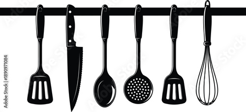 Kitchen utensils silhouette set with knife spoon ladle spatula skimmer and whisk hanging on rack for cooking vector illustration