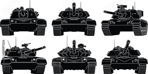 Military tank silhouette collection showing modern armored combat vehicles from multiple angles black vector illustration isolated on white background