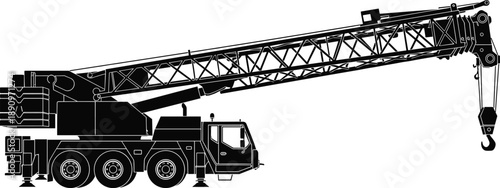 Mobile crane truck silhouette illustration showing heavy construction lifting equipment with telescopic boom hook black vector isolated on white