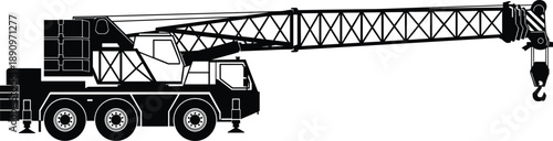 Mobile crane truck silhouette vector illustration showing heavy construction lifting machinery with telescopic lattice boom and hook isolated