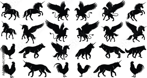 Mythical creature and animal silhouette collection featuring unicorns griffins wolves and roosters in dynamic poses black vector illustration set