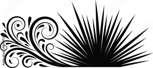 Abstract decorative flourish silhouette illustration combining ornamental swirls and sharp sunburst rays elegant design element black vector isolated