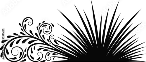 Abstract decorative flourish silhouette combining elegant ornamental swirls with dramatic sunburst rays creative design element black vector illustration