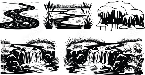 Nature landscape silhouette set with winding river, marsh plants, rocks, and waterfalls, black vector illustrations isolated on white background