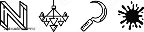 Abstract line icon set featuring geometric letter chandelier sickle and ink splash symbols for modern minimal graphic design