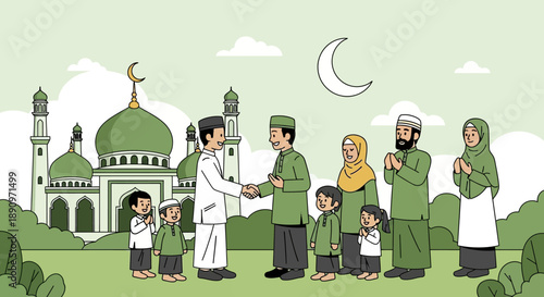 Flat Cartoon Muslim Family Welcoming Eid Al Fitr Celebration Illustration Design