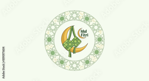 Modern Illustration Ketupat with Crescent Moon and Islamic Pattern for Eid