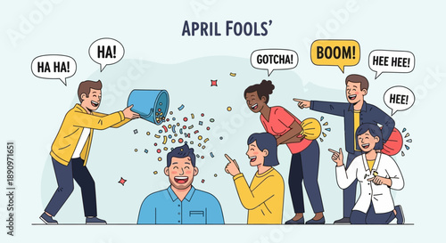Cartoon Style Group of People Pranking on April Fools Illustration