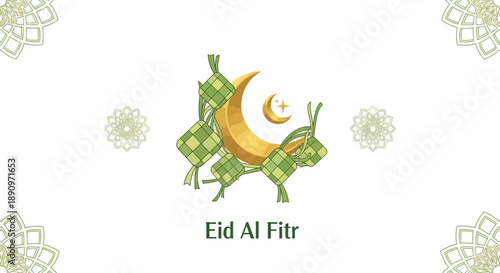 Decorative Islamic Eid Al Fitr Illustration with Ketupat and Crescent Moon