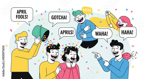 Flat Line Illustration Group of People Celebrating April Fool's Day