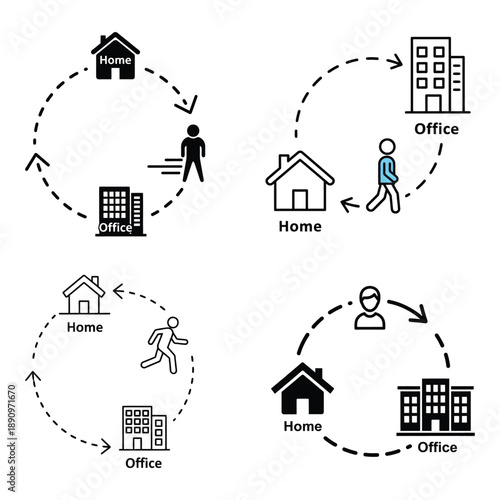 Hybrid work model and commute patterns icons