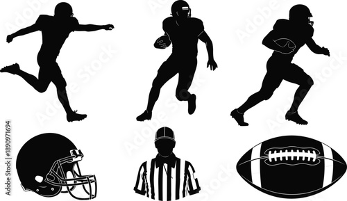 American Football Silhouette Set With Players Helmet Ball And Referee, Black And White Sports Vector Illustration Collection Design Elements