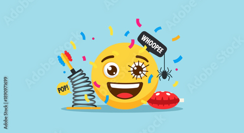 Playful Cartoon Style Emoji Face with Party Surprise Gag Toys Design