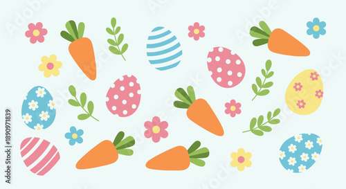 Flat Style Easter Egg And Carrot Illustration with Flower Element Pattern