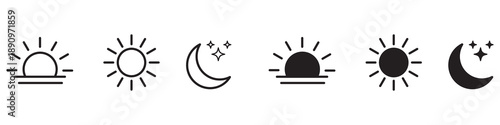 Time of the day icons showing morning sunrise, bright noon sun, evening sunset, and night moon with stars representing daily cycle, weather, astronomy, calendar, and environment concept