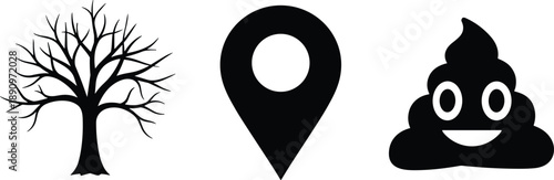 Black and white icons of leafless tree, location pin, and smiling poop emoji for nature, navigation, and humorous design themes