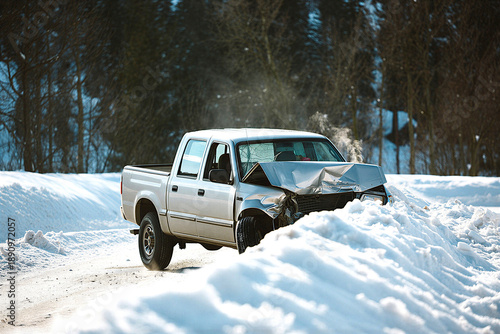 Damaged white pickup truck crashed in snowbank on rural road in winter transparent background