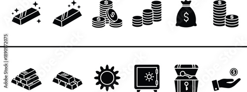 Black and white icons of money, gold, coins, safe, and treasure chest for financial, banking, and investment design use