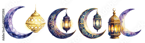 Watercolor crescent moons with ornate Islamic lanterns, festive Ramadan decorations