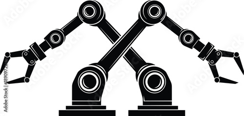 Black and white silhouette of industrial robotic arms in crossed configuration symbolizing automation, manufacturing, and mechanical collaboration