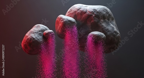 floating, textured rocks or boulders that are emitting or 