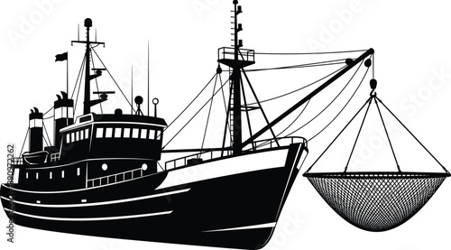 Black and white silhouette of commercial fishing trawler with suspended net, antennas, and rigging used in maritime seafood operations