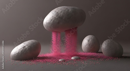 floating, textured rocks or boulders that are emitting or 
