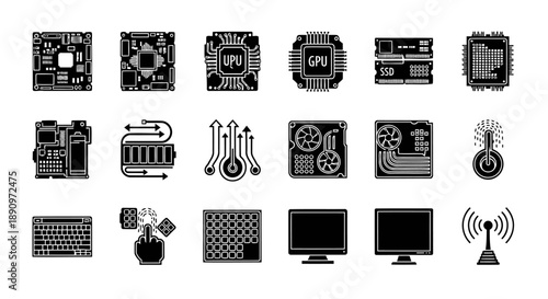 A professional set of 18 black monochrome flat icons arranged in one frame, illustrating the internal components and functional systems of a modern laptop. Includes motherboard circuitry, CPU, GPU